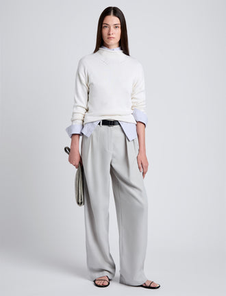 Proenza Schouler Front full length image of model wearing Shea Sweater in Plaited Viscose Rib in Off White