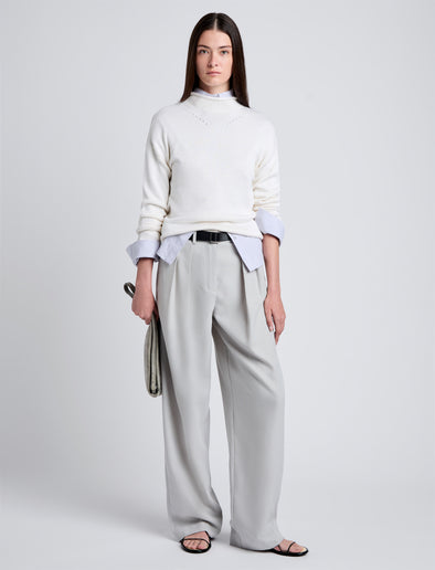 Proenza Schouler Front full length image of model wearing Shea Sweater in Plaited Viscose Rib in Off White