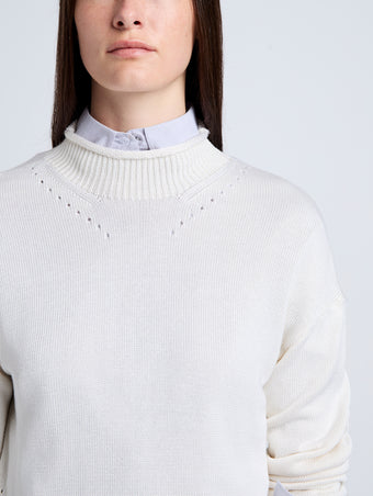 Proenza Schouler Detail image of model wearing Shea Sweater in Plaited Viscose Rib in Off White