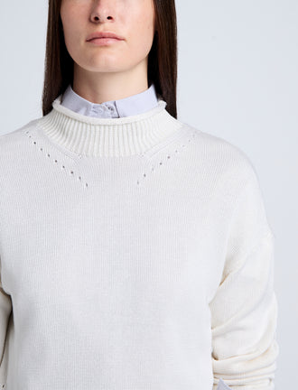Proenza Schouler Detail image of model wearing Shea Sweater in Plaited Viscose Rib in Off White