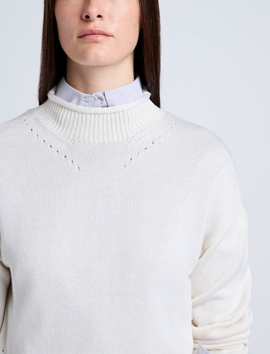 Proenza Schouler Detail image of model wearing Shea Sweater in Plaited Viscose Rib in Off White