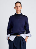 Proenza Schouler Front cropped image of model wearing Shea Sweater in Plaited Viscose Rib in Dark Ink