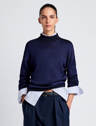 Proenza Schouler Front cropped image of model wearing Shea Sweater in Plaited Viscose Rib in Dark Ink