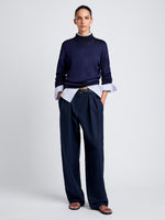 Proenza Schouler Front full length image of model wearing Shea Sweater in Plaited Viscose Rib in Dark Ink