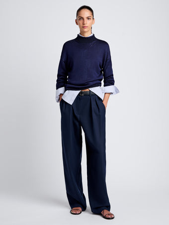 Proenza Schouler Front full length image of model wearing Shea Sweater in Plaited Viscose Rib in Dark Ink