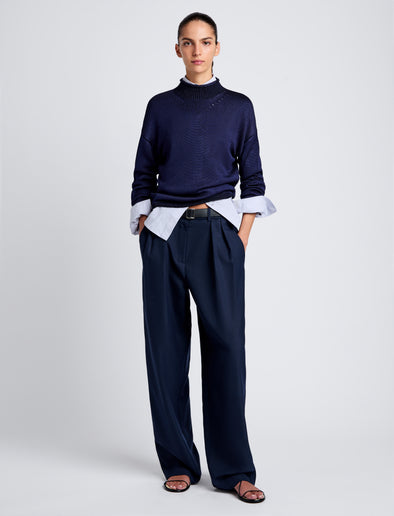 Proenza Schouler Front full length image of model wearing Shea Sweater in Plaited Viscose Rib in Dark Ink