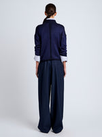 Proenza Schouler Back full length image of model wearing Shea Sweater in Plaited Viscose Rib in Dark Ink