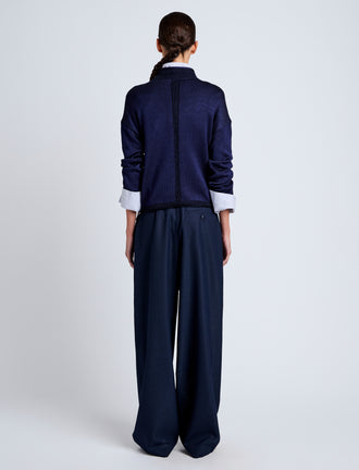 Proenza Schouler Back full length image of model wearing Shea Sweater in Plaited Viscose Rib in Dark Ink