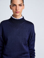 Proenza Schouler Detail image of model wearing Shea Sweater in Plaited Viscose Rib in Dark Ink