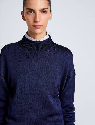 Proenza Schouler Detail image of model wearing Shea Sweater in Plaited Viscose Rib in Dark Ink