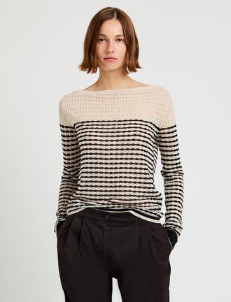 Proenza Schouler front cropped image of model wearing Britta Sweater in Breton Stripe in chalk/black