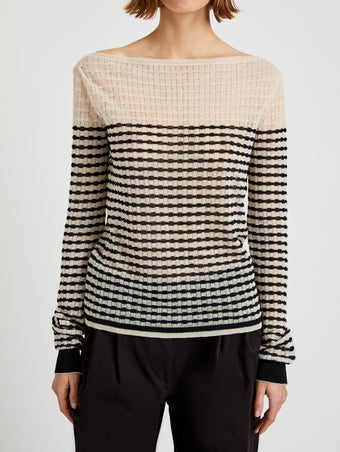 Proenza Schouler detail image of model wearing Britta Sweater in Breton Stripe in chalk/black