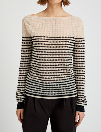 Proenza Schouler detail image of model wearing Britta Sweater in Breton Stripe in chalk/black