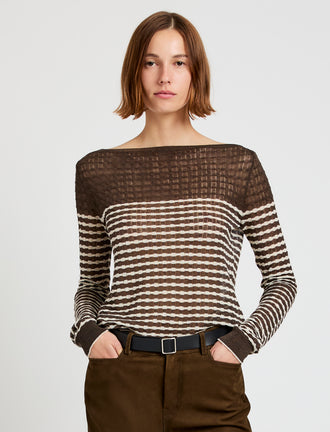 Proenza Schouler front cropped image of model wearing Britta Sweater in Breton Stripe in wood/chalk