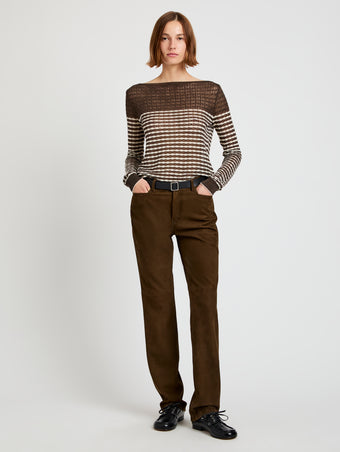 Proenza Schouler front image of model wearing Britta Sweater in Breton Stripe in wood/chalk