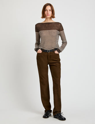 Proenza Schouler front image of model wearing Britta Sweater in Breton Stripe in wood/chalk
