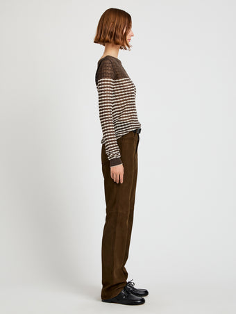 Proenza Schouler side image of model wearing Britta Sweater in Breton Stripe in wood/chalk