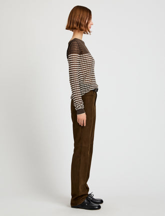 Proenza Schouler side image of model wearing Britta Sweater in Breton Stripe in wood/chalk