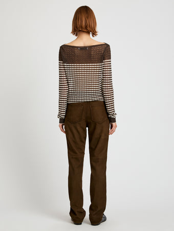 Proenza Schouler back image of model wearing Britta Sweater in Breton Stripe in wood/chalk