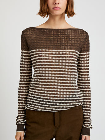 Proenza Schouler detail image of model wearing Britta Sweater in Breton Stripe in wood/chalk