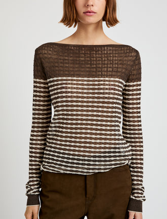 Proenza Schouler detail image of model wearing Britta Sweater in Breton Stripe in wood/chalk