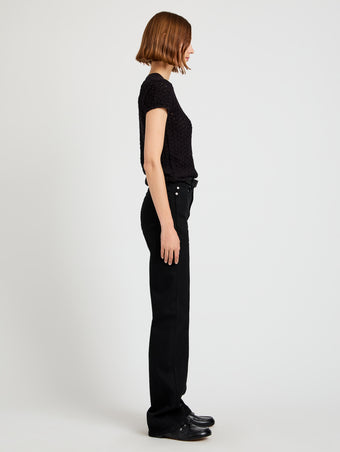 Proenza Schouler Side full length image of model wearing Quincy Top in Crochet in Black