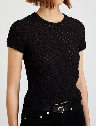 Proenza Schouler Detail image of model wearing Quincy Top in Crochet in Black