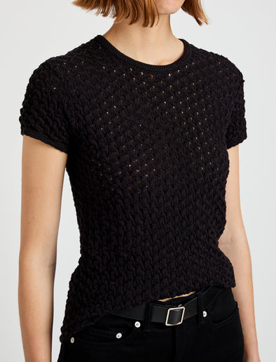 Proenza Schouler Detail image of model wearing Quincy Top in Crochet in Black