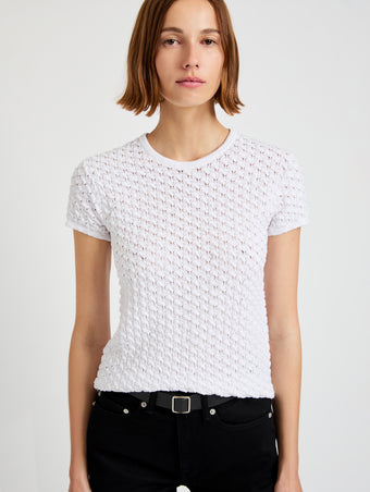 Proenza Schouler Detail image of model wearing Quincy Top in Crochet in White