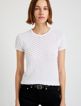 Proenza Schouler Detail image of model wearing Quincy Top in Crochet in White