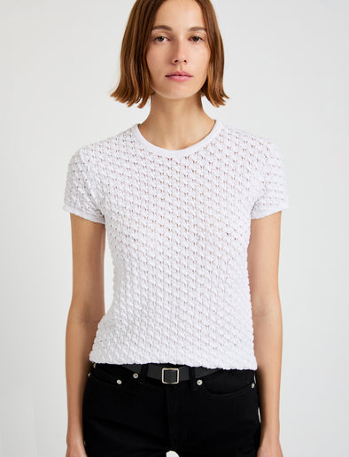 Proenza Schouler Detail image of model wearing Quincy Top in Crochet in White