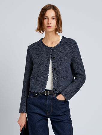 Proenza Schouler front cropped image of model wearing Nidia Macrame Jacket in Cotton in navy/slate