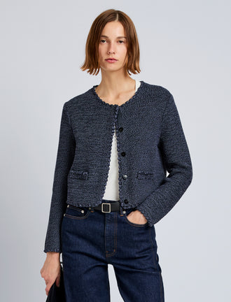 Proenza Schouler front cropped image of model wearing Nidia Macrame Jacket in Cotton in navy/slate