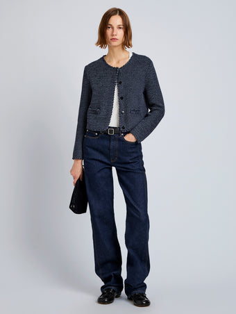 Proenza Schouler front image of model wearing Nidia Macrame Jacket in Cotton in navy/slate