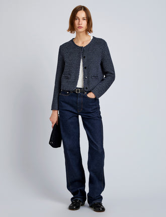 Proenza Schouler front image of model wearing Nidia Macrame Jacket in Cotton in navy/slate