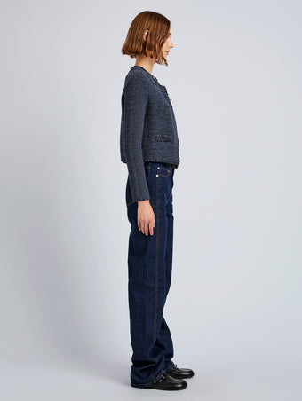 Proenza Schouler side image of model wearing Nidia Macrame Jacket in Cotton in navy/slate