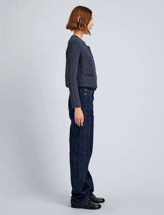 Proenza Schouler side image of model wearing Nidia Macrame Jacket in Cotton in navy/slate