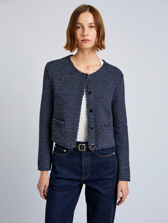 Proenza Schouler detail image of model wearing Nidia Macrame Jacket in Cotton in navy/slate