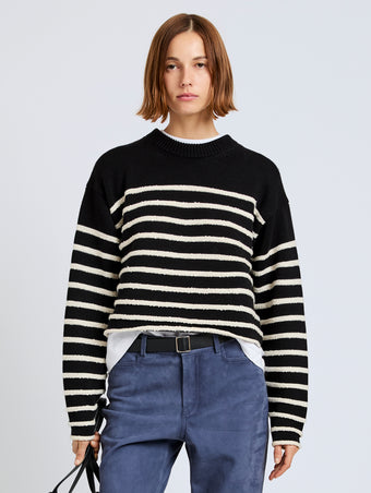 Proenza Schouler front cropped image of model wearing Nia Sweater in Bobble Boucle in black/white