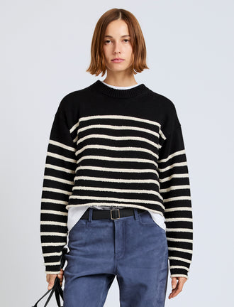 Proenza Schouler front cropped image of model wearing Nia Sweater in Bobble Boucle in black/white