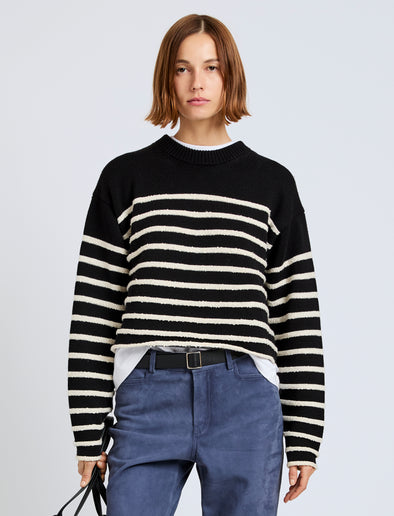 Proenza Schouler front cropped image of model wearing Nia Sweater in Bobble Boucle in black/white
