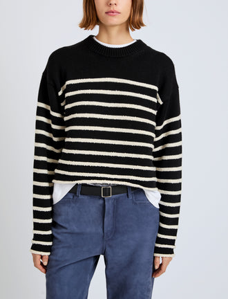 Proenza Schouler detail image of model wearing Nia Sweater in Bobble Boucle in black/white