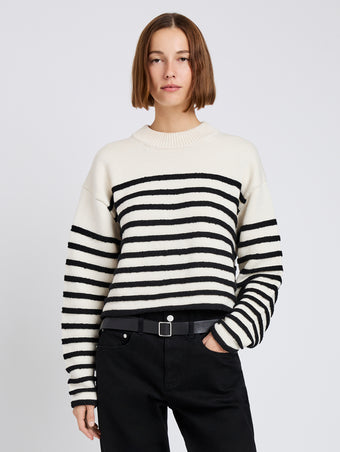 Proenza Schouler front cropped image of model wearing Nia Sweater in Bobble Boucle in white/black