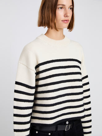 Proenza Schouler detail image of model wearing Nia Sweater in Bobble Boucle in white/black