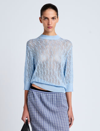 Proenza Schouler Front cropped image of model wearing Nicola Knit Sweater in Plaited Viscose Rib in Light Oxford