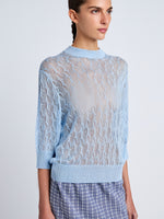 Proenza Schouler Detail image of model wearing Nicola Knit Sweater in Plaited Viscose Rib in Light Oxford
