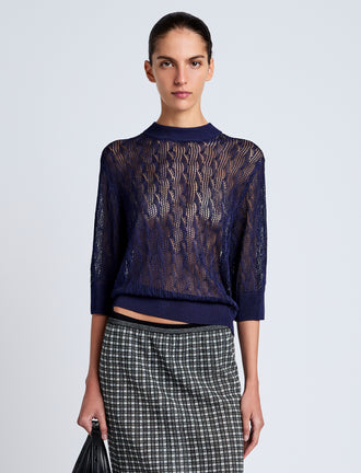 Proenza Schouler Front cropped image of model wearing Nicola Knit Sweater in Plaited Viscose Rib in Dark Ink