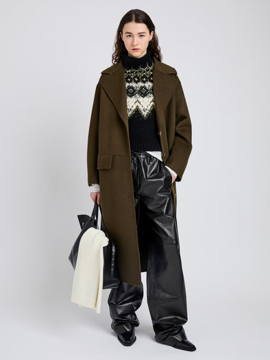 Proenza Schouler Front full length image of model wearing Tammy Coat in Double Face Wool in Fatigue