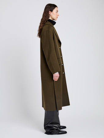 Proenza Schouler Side full length image of model wearing Tammy Coat in Double Face Wool in Fatigue