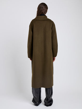 Proenza Schouler Back full length image of model wearing Tammy Coat in Double Face Wool in Fatigue
